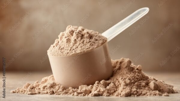 A scoop of powder is sitting on a table