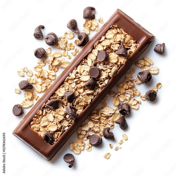 Chocolate oat bar, healthy snack, white background, food photography