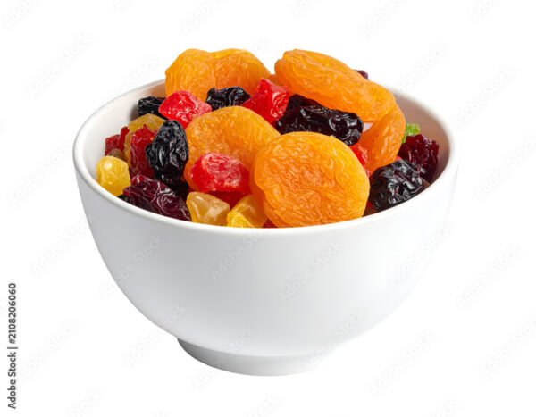dried fruit pieces in bowl isolated on transparent png