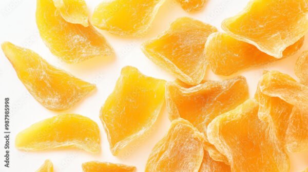 dried mango slices: a frame made from dried mango slices, scattered naturally over a soft white background, the vibrant orange hues of the fruit create a lively, tropical feel