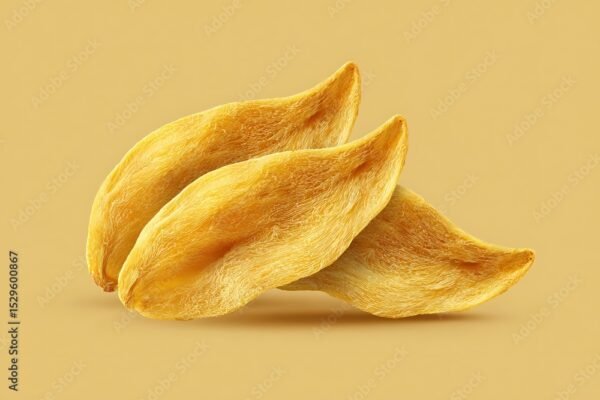 Dried mango slices are stacked loosely together, presenting a chewy fruit snack against a soft amber background for food advertising.