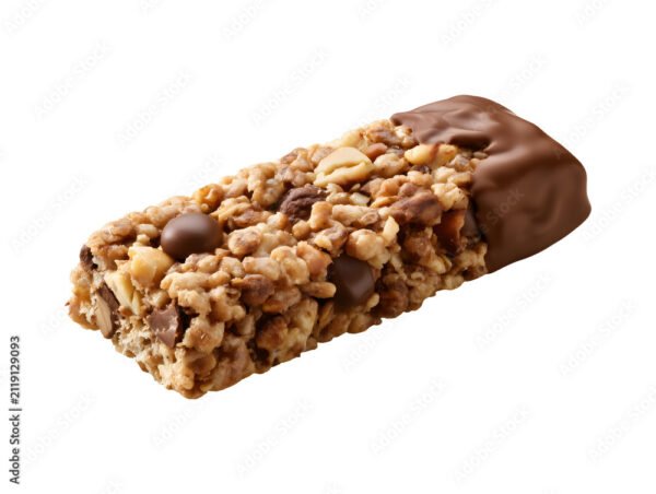 Granola bar dipped in chocolate isolated on transparent or white background, png