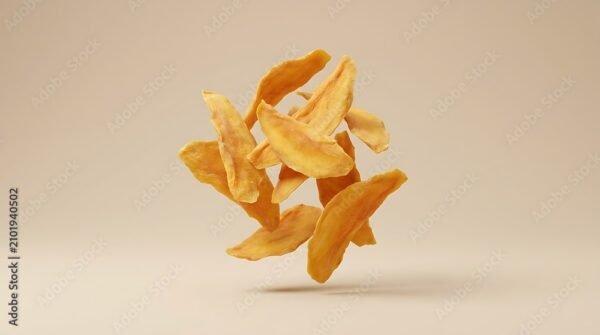 Healthy organic dried mango flakes floating in a clean studio shot with soft lighting on a neutral beige backdrop.