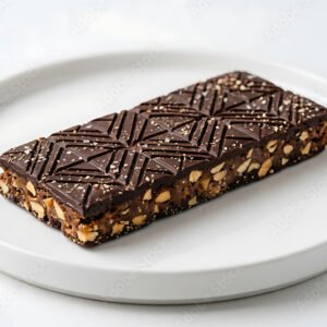 Rich Chocolate Nut Butter Crunch Bar Artfully Presented on a White Plate