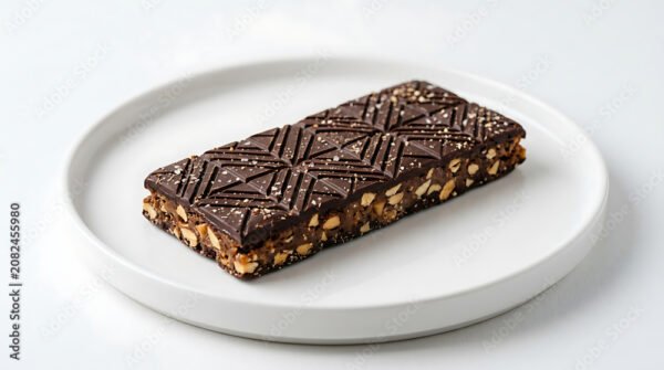 Rich Chocolate Nut Butter Crunch Bar Artfully Presented on a White Plate