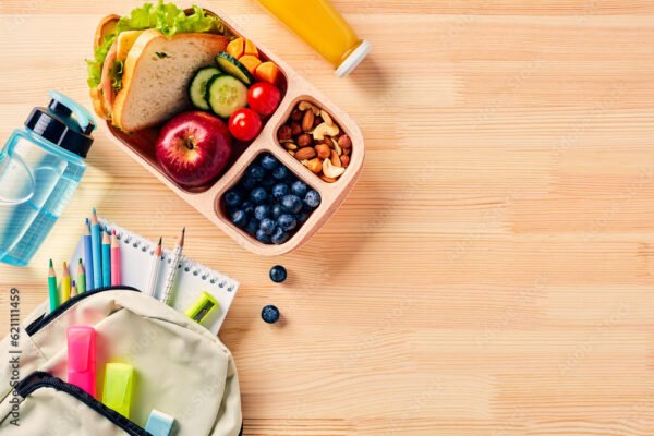 School lunch box with sandwich, fruits, vegetables, bottle of water, and kids backpack with school supplies on wooden table. Flat lay, top view.