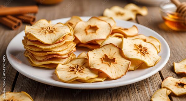 Stacked apple chips with cinnamon sticks and honey a delicious autumn treat on transparent background