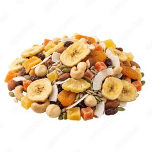 Tropical trail mix with dried banana chips. Healthy snack blend of nuts and dried fruit.