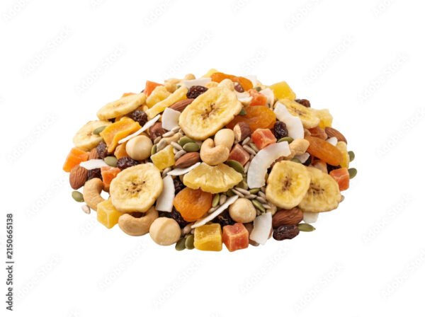 Tropical trail mix with dried banana chips. Healthy snack blend of nuts and dried fruit.